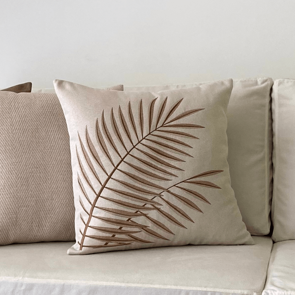 Brown Embroidered Phoenix Palm Leaves Pillow Cover