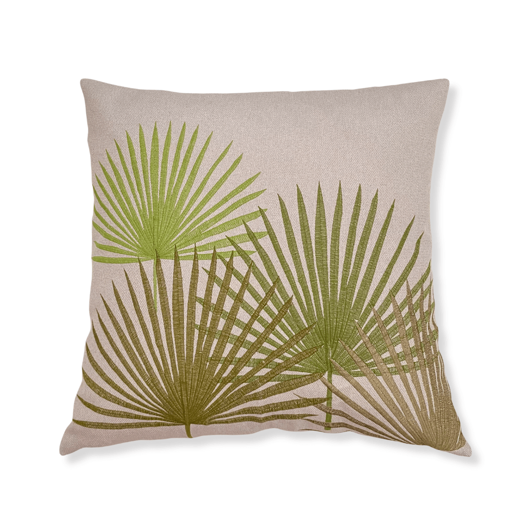 Four Green Embroidered Palm Leaves Pillow Cover