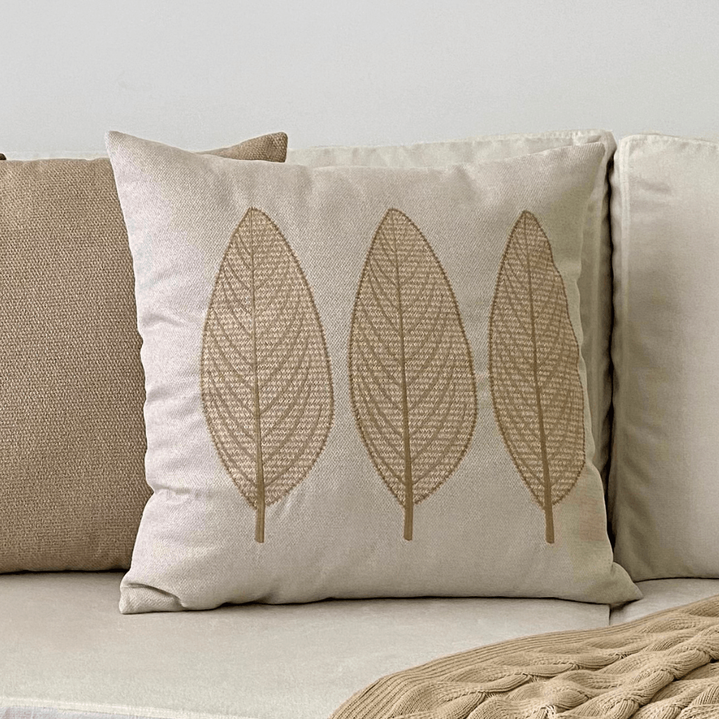 Three Beige Embroidered Leaves Pillow Cover