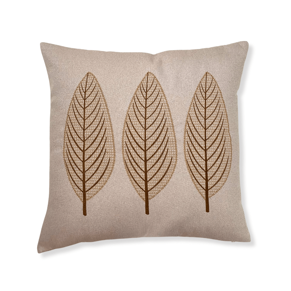 Three Beige Embroidered Leaves Pillow Cover