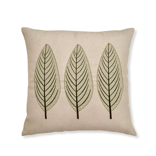 Three Green Embroidered Leaves Pillow Cover