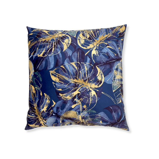 Blue Velvet Gold Monstera Pillow Cover